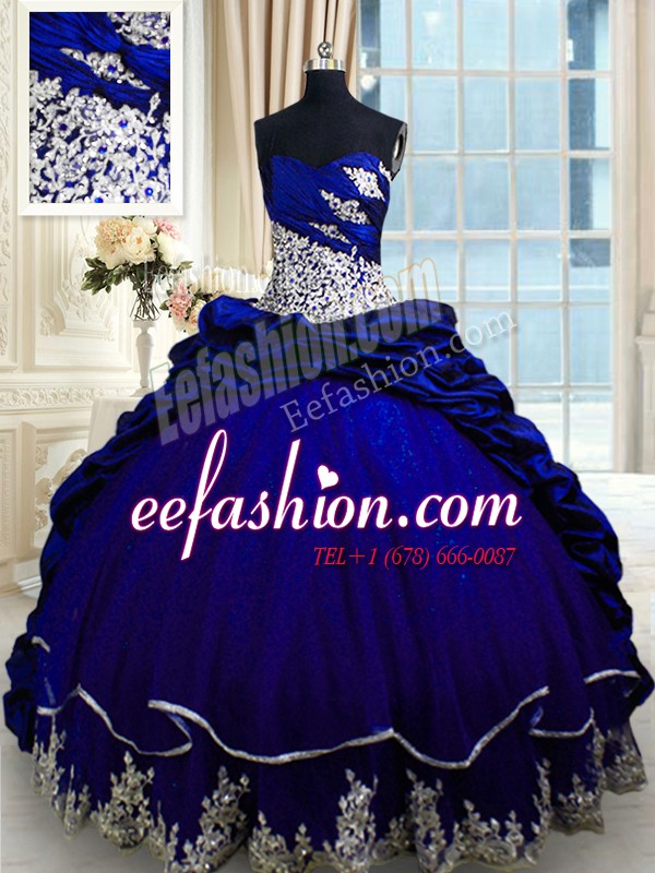 Top Selling Royal Blue Sweetheart Neckline Beading and Appliques and Pick Ups Quinceanera Gown Sleeveless Lace Up