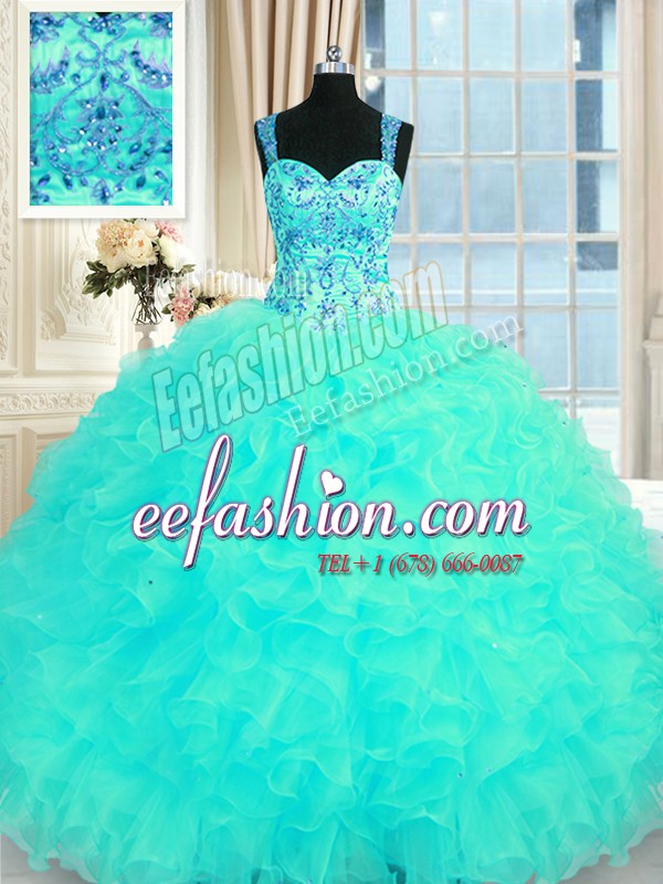Elegant Aqua Blue Sleeveless Organza Lace Up Quinceanera Dresses for Military Ball and Sweet 16 and Quinceanera