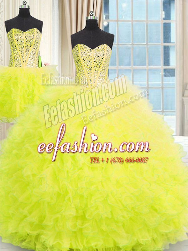  Three Piece Sleeveless Floor Length Beading and Ruffles Lace Up Quinceanera Gown with Yellow