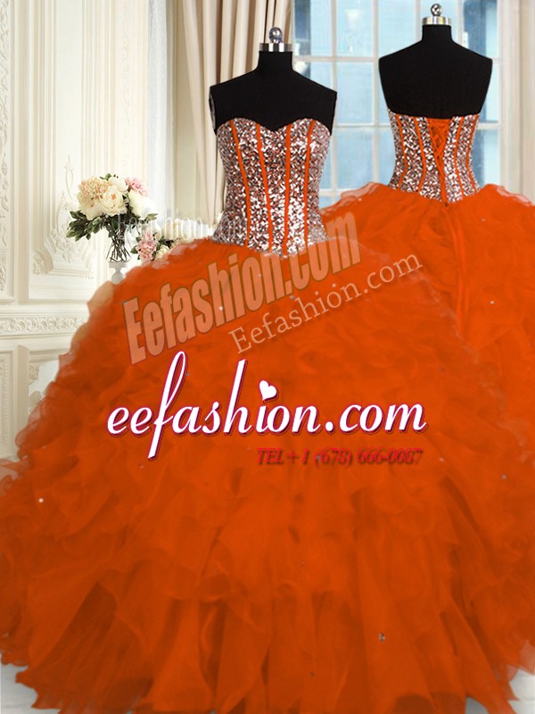  Red Ball Gowns Sweetheart Sleeveless Organza Floor Length Lace Up Beading and Ruffles Sweet 16 Quinceanera Dress