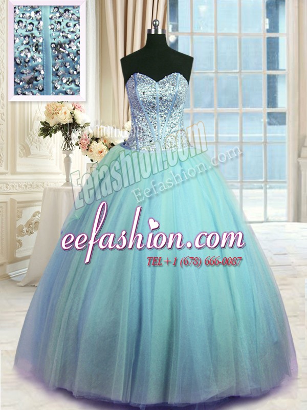  Sweetheart Sleeveless Quinceanera Dresses Floor Length Beading and Ruching Light Blue Organza