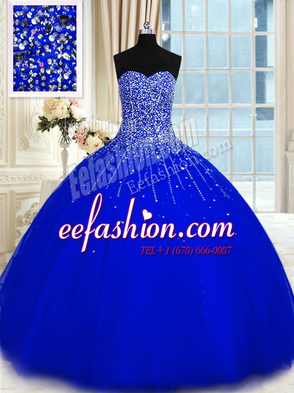 Inexpensive Royal Blue Lace Up Quinceanera Gowns Beading Sleeveless Floor Length