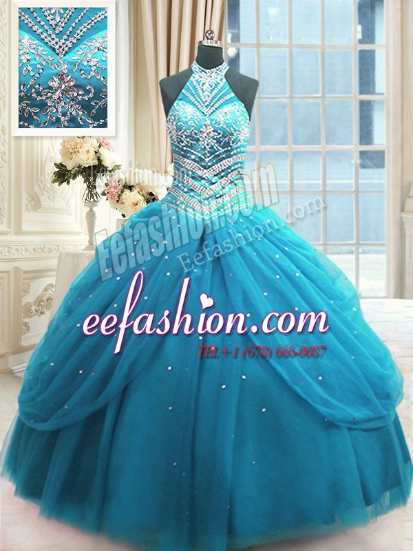 Excellent Baby Blue Ball Gowns High-neck Sleeveless Tulle Floor Length Lace Up Beading 15th Birthday Dress