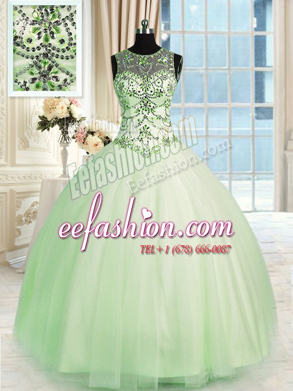 Hot Selling Scoop Apple Green Ball Gowns Beading Quinceanera Gowns Lace Up Tulle Sleeveless Floor Length