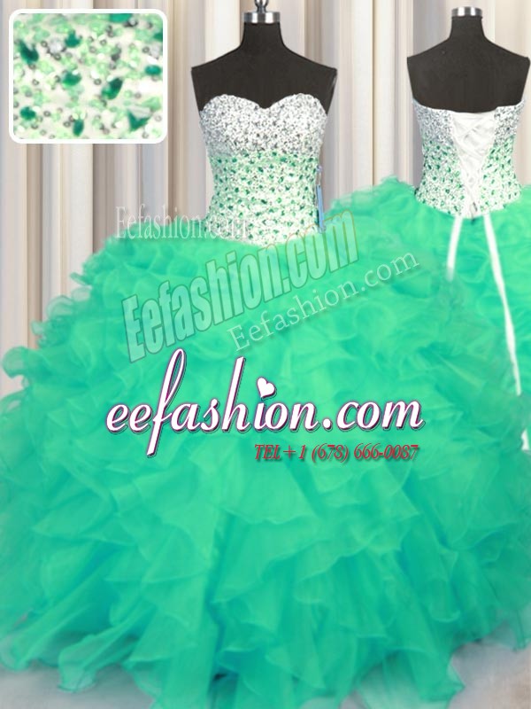 Exceptional Turquoise Ball Gowns Organza Sweetheart Sleeveless Beading and Ruffles Floor Length Lace Up Quinceanera Dress