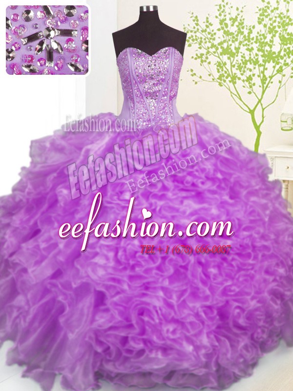 Enchanting Purple Organza Lace Up Quince Ball Gowns Sleeveless Floor Length Beading and Ruffles and Pick Ups