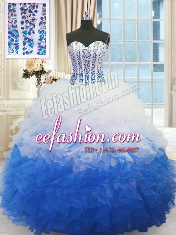Attractive Blue And White Ball Gowns Beading and Ruffles 15 Quinceanera Dress Lace Up Organza Sleeveless Floor Length