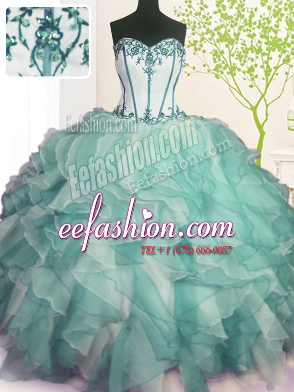 Green Lace Up Sweetheart Beading and Ruffles 15th Birthday Dress Organza Sleeveless