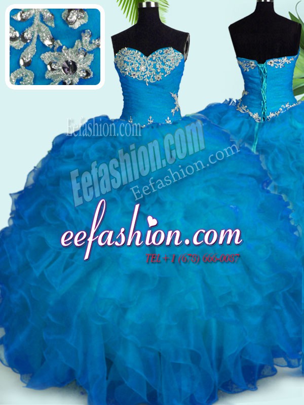 Low Price Beading and Ruffles 15th Birthday Dress Blue Lace Up Sleeveless Floor Length