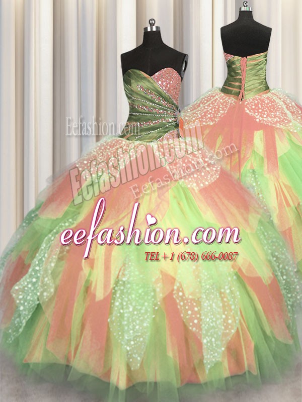  Multi-color Ball Gowns Organza Sweetheart Sleeveless Beading and Ruching Floor Length Lace Up Quinceanera Gown