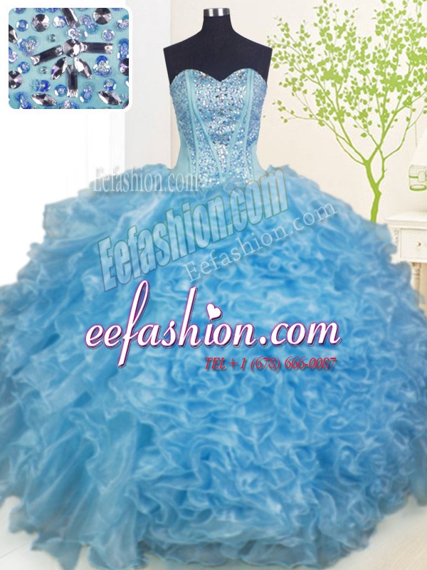 Gorgeous Baby Blue Ball Gowns Sweetheart Sleeveless Organza Floor Length Lace Up Beading and Ruffles and Pick Ups Sweet 16 Dress