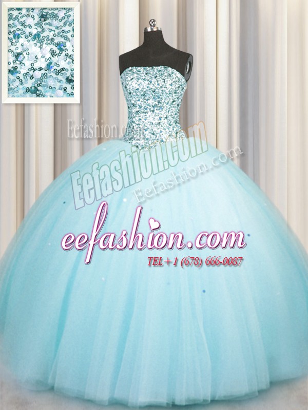  Really Puffy Aqua Blue Tulle Lace Up Quinceanera Dresses Sleeveless Floor Length Beading and Sequins