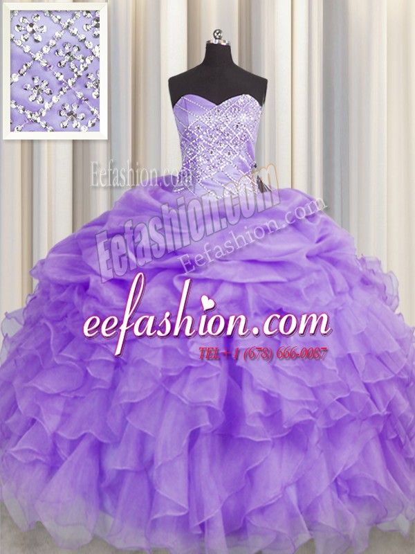 Comfortable Lavender Sweetheart Neckline Beading and Ruffles Quince Ball Gowns Sleeveless Lace Up
