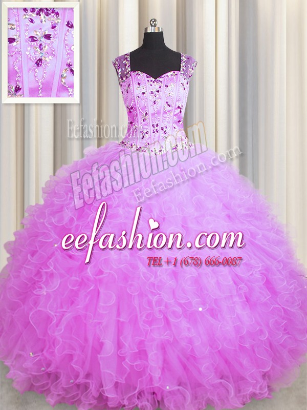 See Through Zipper Up Lilac Sleeveless Beading and Ruffles Floor Length Sweet 16 Dress
