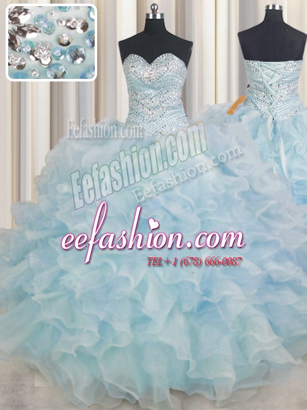 High Quality Sleeveless Organza Floor Length Lace Up 15th Birthday Dress in Light Blue with Beading and Ruffles