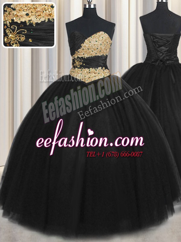 On Sale Black Tulle Lace Up Quinceanera Gown Sleeveless Floor Length Beading and Appliques and Ruching and Belt