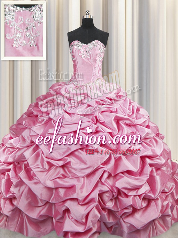 Romantic Brush Train Rose Pink Ball Gowns Beading and Pick Ups Quinceanera Dresses Lace Up Taffeta Sleeveless