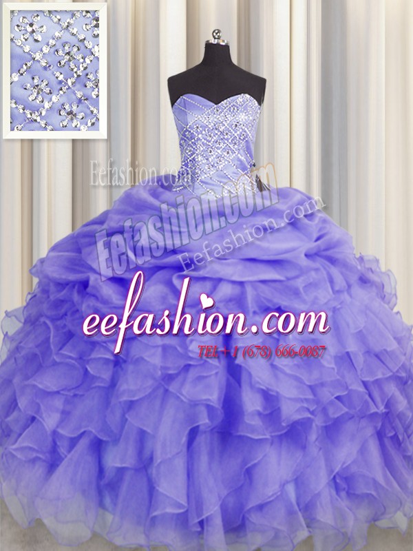 Sophisticated Lavender Organza Lace Up Quinceanera Gowns Sleeveless Floor Length Beading and Ruffles