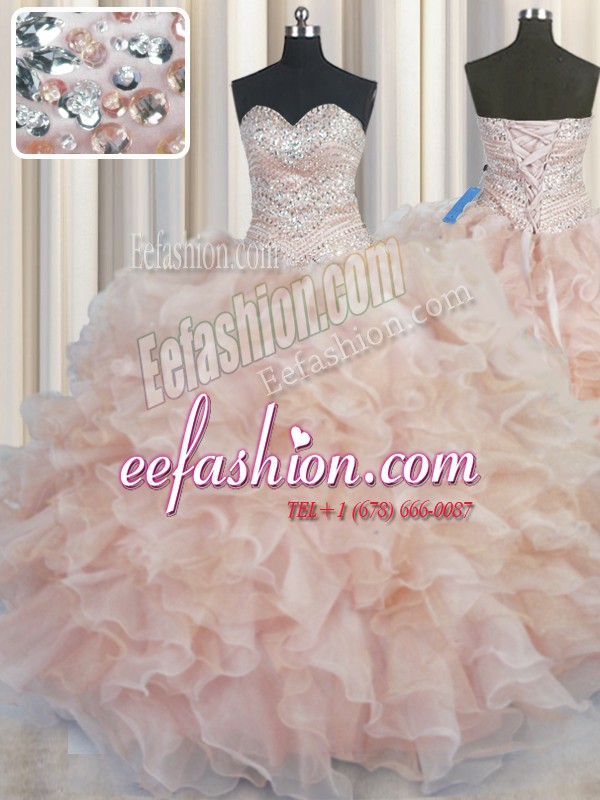 Sleeveless Floor Length Beading and Ruffles Lace Up Quinceanera Gown with Champagne