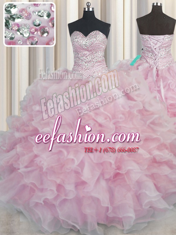 Wonderful Bling-bling Pink Organza Lace Up 15 Quinceanera Dress Sleeveless Floor Length Beading and Ruffles