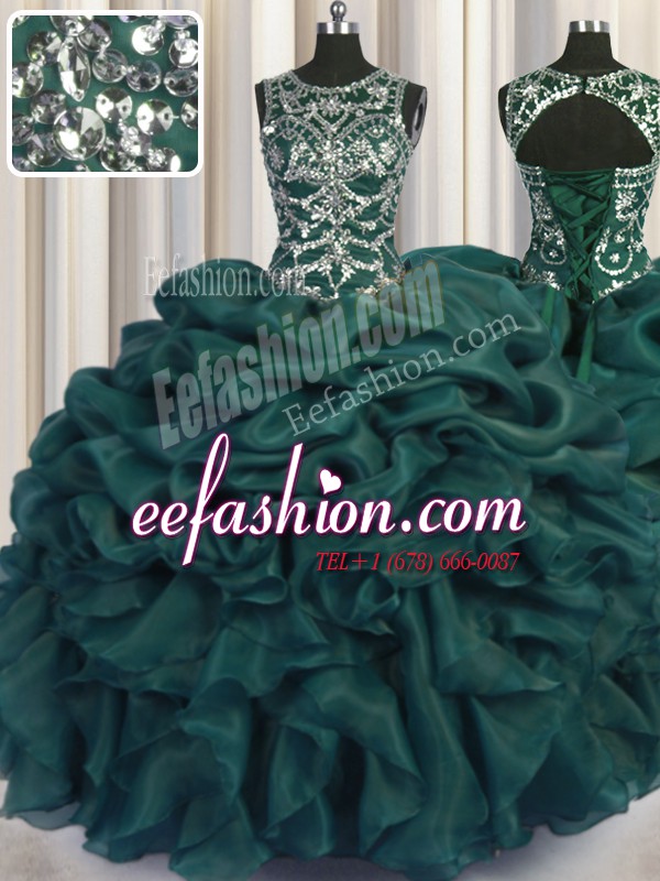  Scoop See Through Teal Sleeveless Floor Length Beading and Sequins and Pick Ups Lace Up Ball Gown Prom Dress