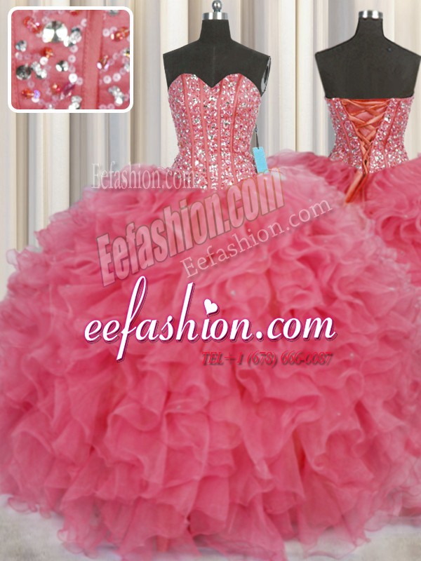 Charming Visible Boning Sleeveless Organza Floor Length Lace Up 15th Birthday Dress in Coral Red with Beading and Ruffles
