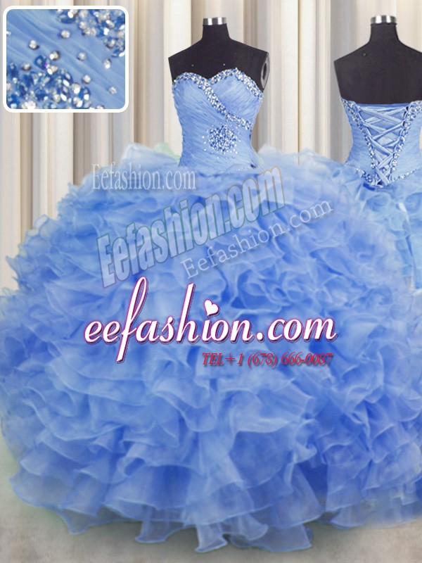 Cheap Floor Length Lace Up Quinceanera Gown Blue for Military Ball and Sweet 16 and Quinceanera with Beading and Ruffles