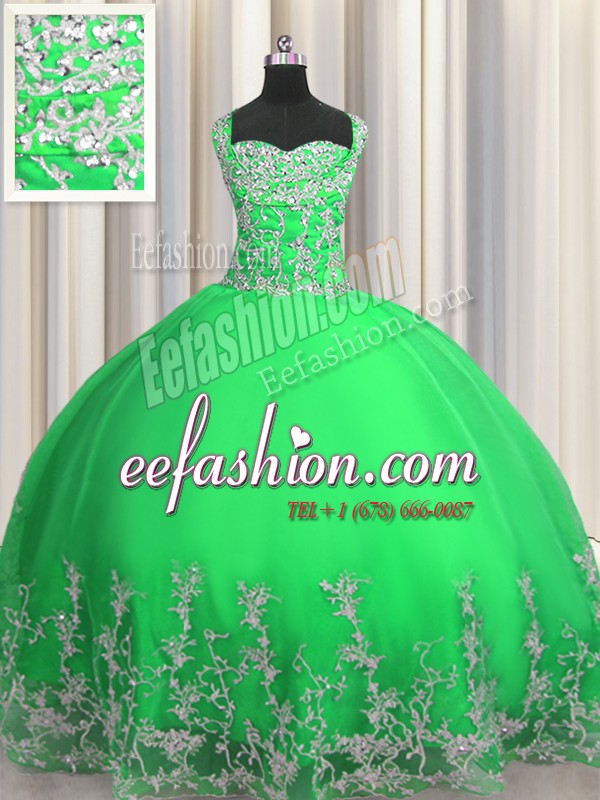  Apple Green Tulle Lace Up Straps Sleeveless Floor Length Quinceanera Dress Beading and Appliques