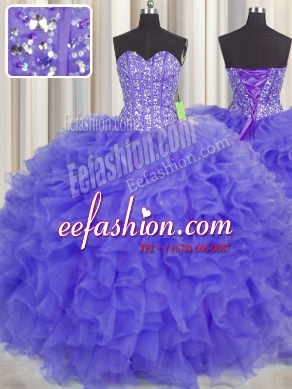  Visible Boning Sweetheart Sleeveless Organza Quince Ball Gowns Beading and Ruffles and Sashes ribbons Lace Up