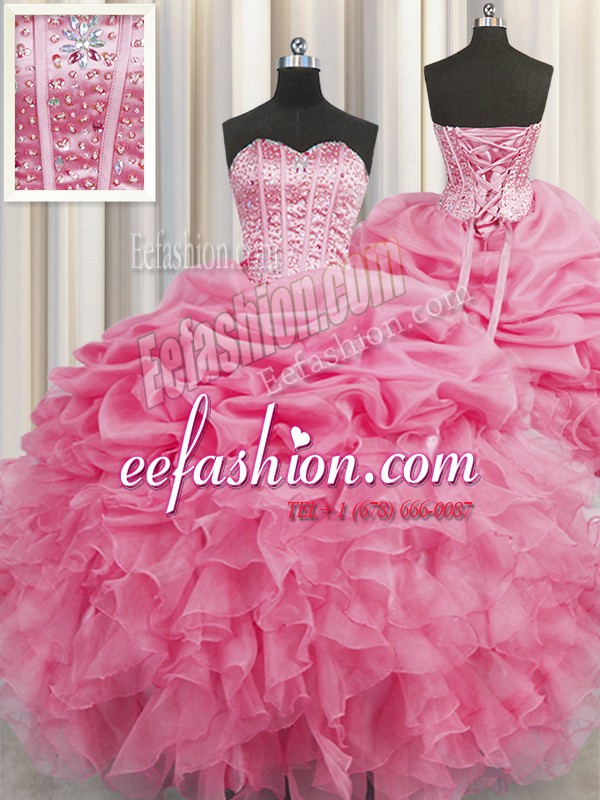 Glorious Visible Boning Rose Pink 15 Quinceanera Dress Military Ball and Sweet 16 and Quinceanera and For with Beading and Ruffles and Pick Ups Sweetheart Sleeveless Lace Up
