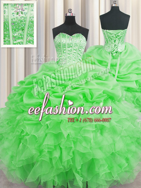 Visible Boning Green Sleeveless Floor Length Beading and Ruffles and Pick Ups Lace Up Quinceanera Gowns