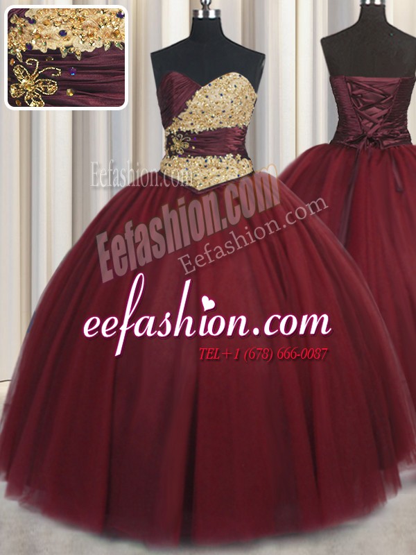  Wine Red Sweetheart Lace Up Beading and Appliques Quinceanera Dresses Sleeveless