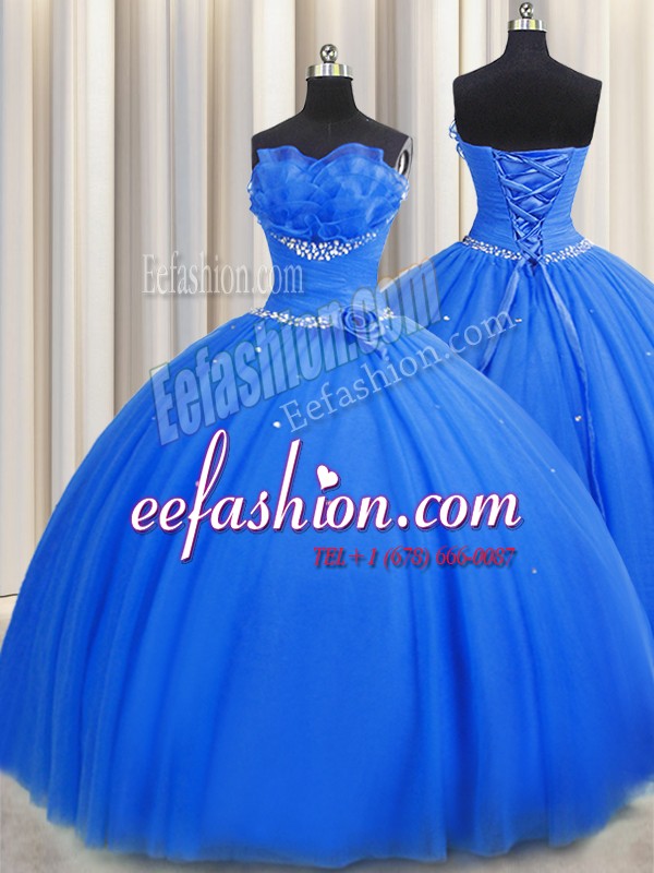 Luxury Handcrafted Flower Strapless Sleeveless Lace Up Quinceanera Dress Blue Tulle