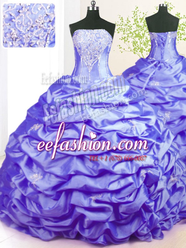  Lavender 15th Birthday Dress Military Ball and Sweet 16 and Quinceanera and For with Beading and Pick Ups Strapless Sleeveless Sweep Train Lace Up