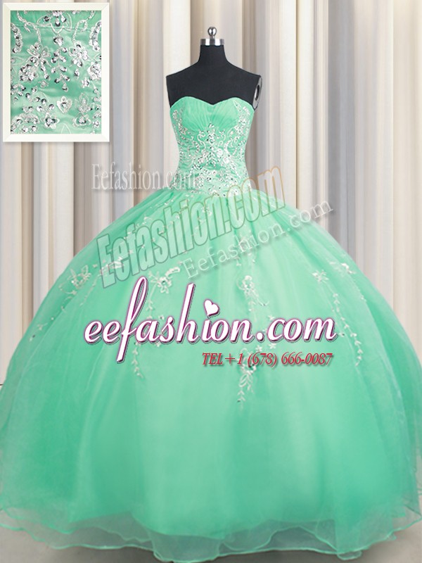 Zipper Up Beading and Appliques 15th Birthday Dress Apple Green Zipper Sleeveless Floor Length