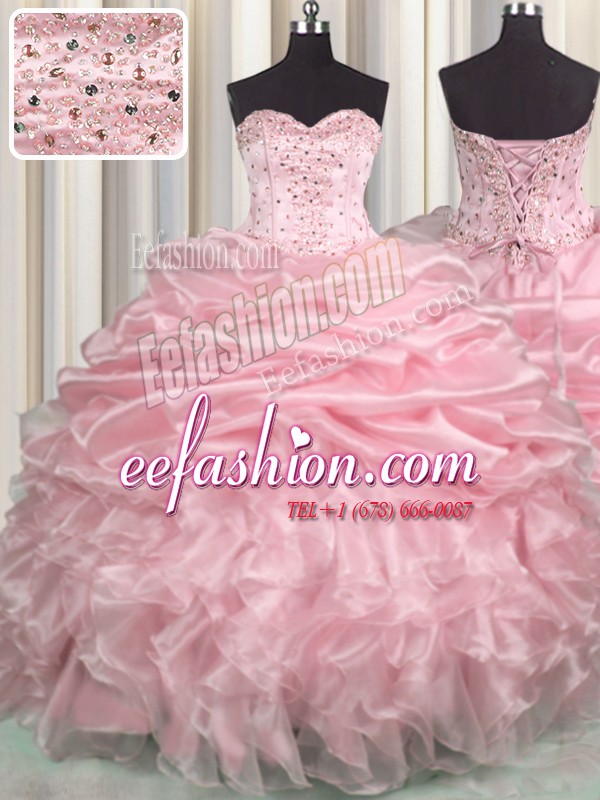 On Sale Baby Pink Ball Gowns Sweetheart Sleeveless Organza With Brush Train Lace Up Beading and Ruffles and Pick Ups Quinceanera Dress