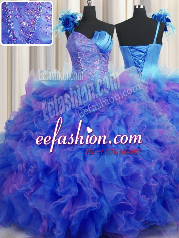 Handcrafted Flower One Shoulder Sleeveless Lace Up Sweet 16 Quinceanera Dress Multi-color Tulle