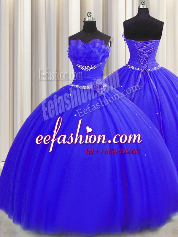 High End Handcrafted Flower Royal Blue Lace Up Strapless Beading and Ruching and Hand Made Flower Sweet 16 Dress Tulle Sleeveless