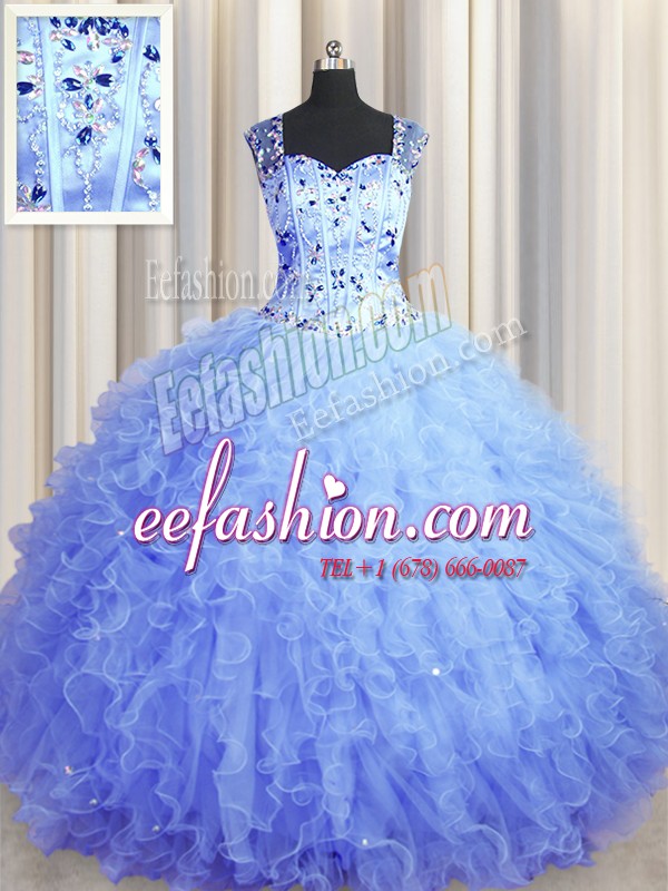 See Through Zipper Up Square Sleeveless Zipper Quinceanera Gown Light Blue Tulle