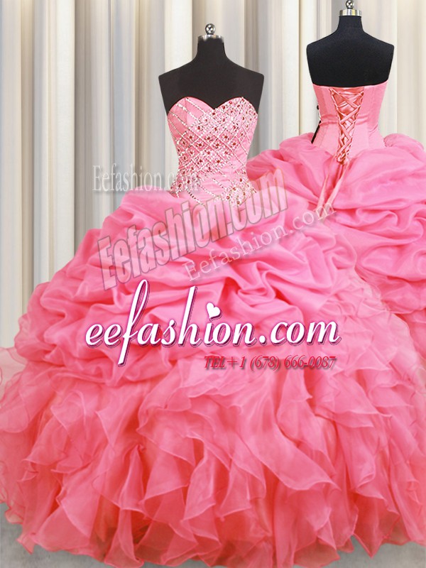 Classical Rose Pink Halter Top Neckline Beading and Ruffles and Pick Ups Sweet 16 Dresses Sleeveless Lace Up