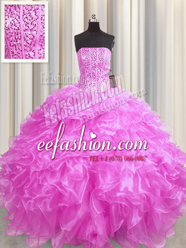 Fashionable Visible Boning Rose Pink Sleeveless Floor Length Beading and Ruffles Lace Up Vestidos de Quinceanera