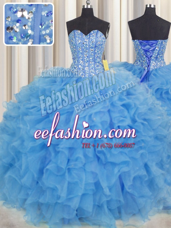 High End Visible Boning Baby Blue Quinceanera Dress Military Ball and Sweet 16 and Quinceanera and For with Beading and Ruffles and Sashes ribbons Sweetheart Sleeveless Lace Up