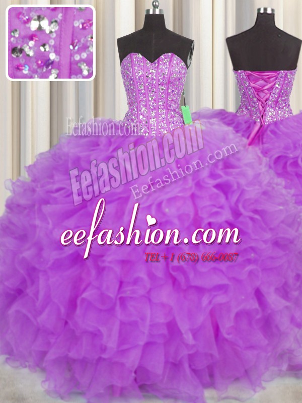  Visible Boning Purple Lace Up Quince Ball Gowns Beading and Ruffles and Sashes ribbons Sleeveless Floor Length