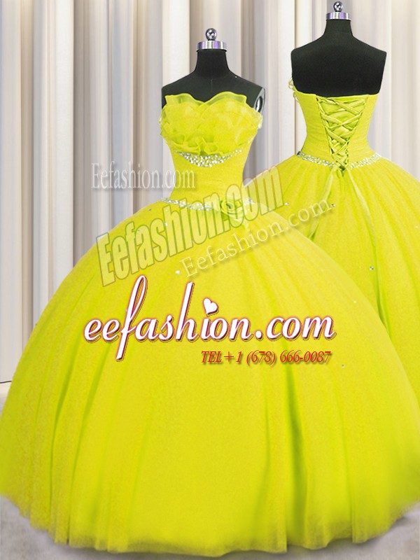  Handcrafted Flower Yellow Ball Gowns Tulle Strapless Sleeveless Beading and Sequins and Hand Made Flower Floor Length Lace Up Quinceanera Gown