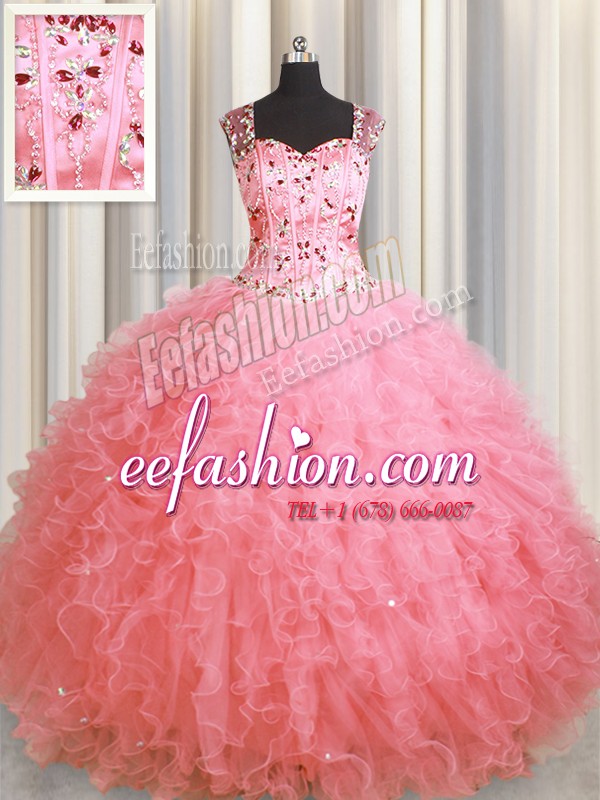 Best Selling See Through Zipper Up Pink Sleeveless Organza Zipper Ball Gown Prom Dress for Military Ball and Sweet 16 and Quinceanera