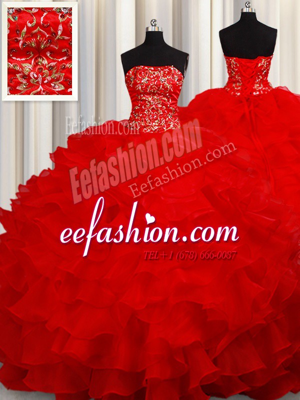 Sleeveless Floor Length Beading and Embroidery and Ruffles Lace Up Quince Ball Gowns with Red