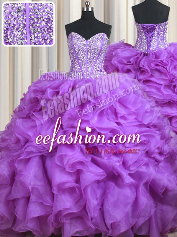  Lilac Lace Up Sweetheart Beading and Ruffles Sweet 16 Quinceanera Dress Organza Sleeveless Sweep Train