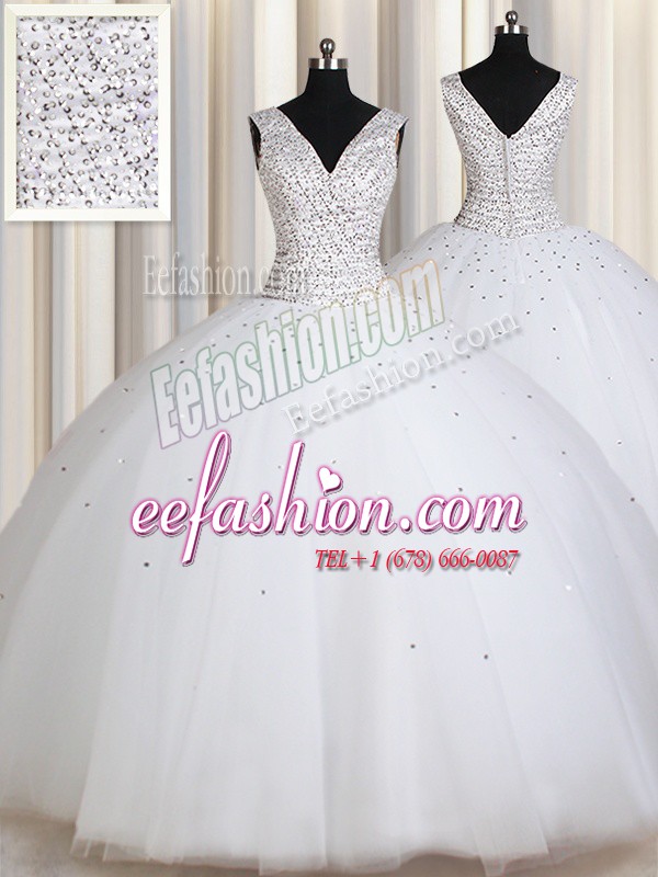 Nice Straps Sleeveless Tulle Floor Length Zipper Quinceanera Dress in White with Beading and Sequins