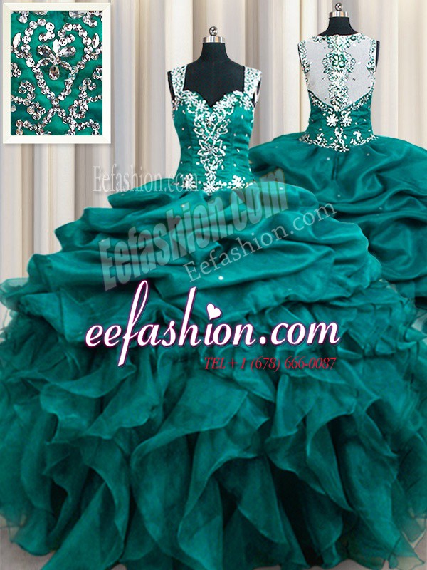 Top Selling Pick Ups Straps Sleeveless Zipper 15th Birthday Dress Teal Organza