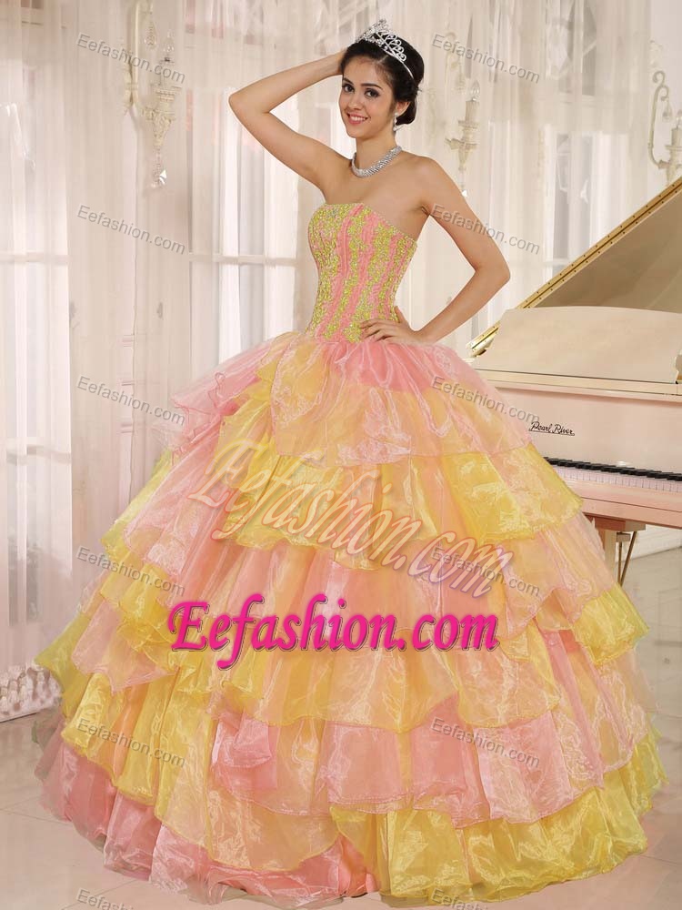Pretty Multi-colored Strapless Organza Sweet 16 Dress with Beading and Ruffles